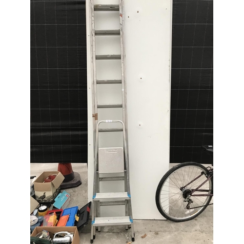 16 - A 22 RUNG TWO SECTION ALLOY LADDER AND A SET OF ALLOY STEP LADDERS