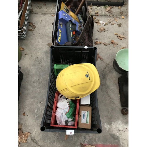 42 - TWO BOXES CONTAINING A GLUE GUN, HARD HAT AND VARIOUS TOOLS