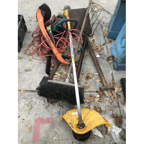 48 - TWO ELECTRIC STRIMMERS, SHOVEL, BRUSH ETC