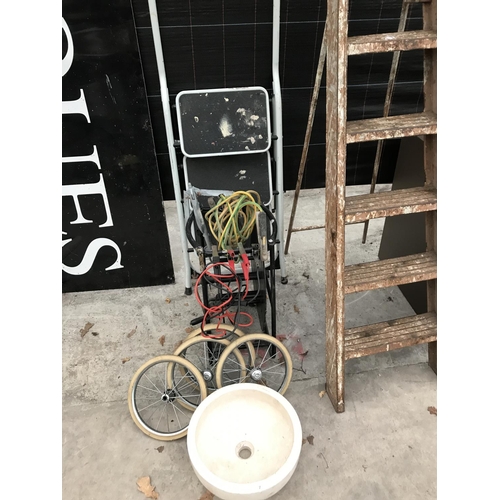 7 - A SET OF KITCHEN STEPS, JUMP LEADS, HOSE REEL, VINTAGE PRAM WHEELS ETC