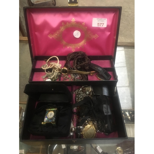 577 - A JEWELLERY BOX CONTAINING A QUANTITY OF COSTUME JEWELLERY