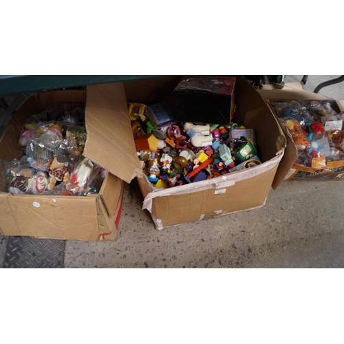 385 - THREE BOXES OF VARIOUS ASSORTED SOFT TOYS TO INCLUDE MCDONALDS EXAMPLES ETC (QTY)