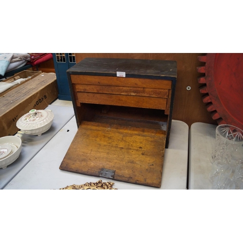 426 - A VINTAGE WOODEN PAINTED STORAGE BOX WITH FALL FRONT & DRAWERS