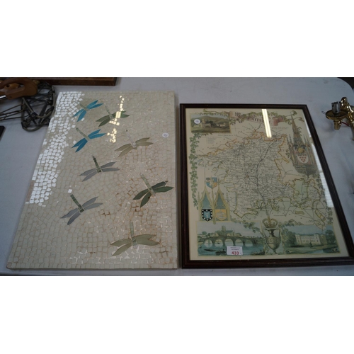 433 - A FRAMED PRINT MAP OF WORCESTER, TOGETHER WITH A TILE-EFFECT PICTURE (2)