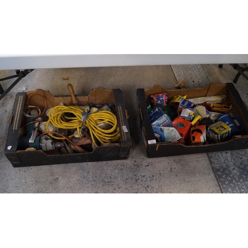 436 - TWO ASSORTED BOXES OF TOOLS, CABLES ETC (QTY)