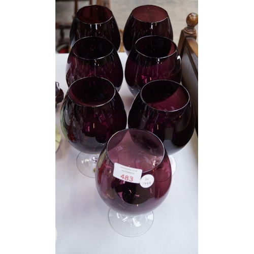 483 - SEVEN VARIOUS PURPLE SWEDISH ART GLASS DECORATIVE BRANDY / WINE GLASSES (7)