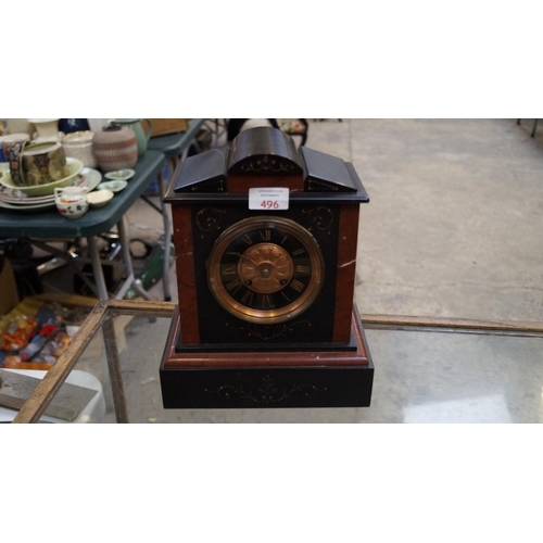 496 - A GOOD QUALITY BLACK AND RED SLATE MANTLE CLOCK