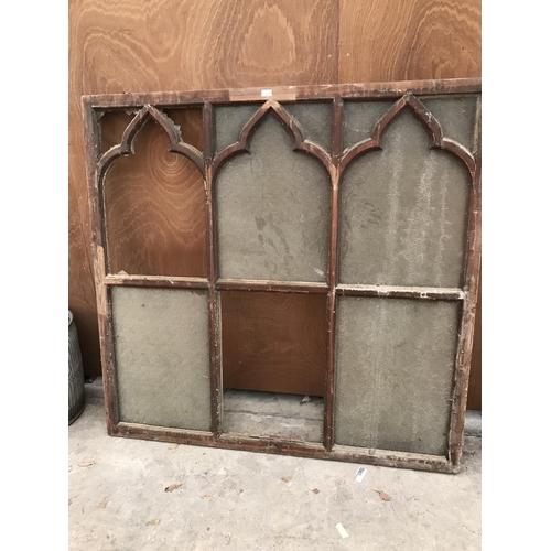 64 - A GOTHIC PINE WINDOW FRAME - 152 CM HIGH X 159 CM WIDE