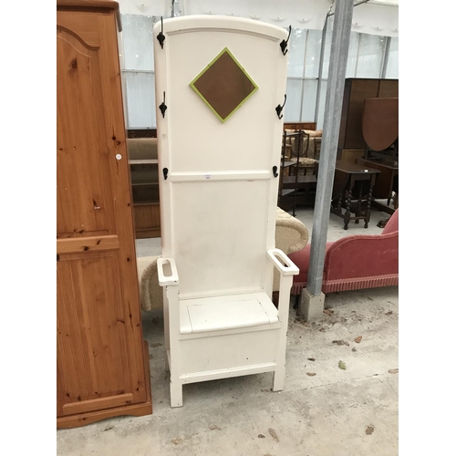 952 - A WHITE PAINTED HALL STAND WITH DIAMOND SHAPED MIRROR