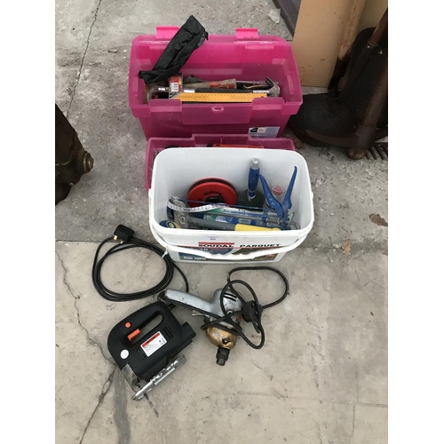 20 - A JIGSAW, A DRILL AND THREE BOXES CONTAINING VARIOUS TOOLS - HAMMERS, MOLE GRIPS ETC