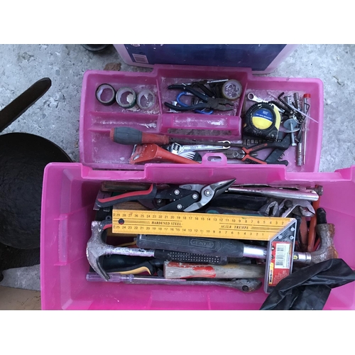 20 - A JIGSAW, A DRILL AND THREE BOXES CONTAINING VARIOUS TOOLS - HAMMERS, MOLE GRIPS ETC