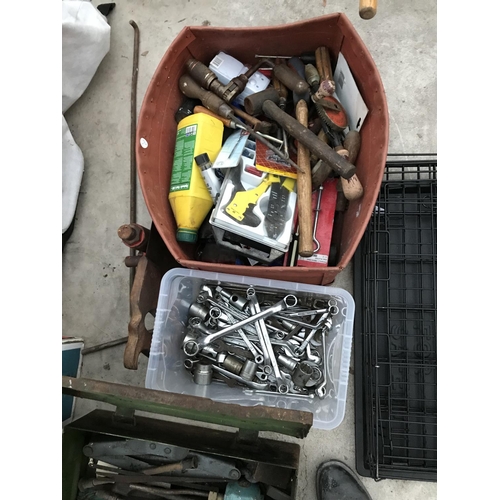 35 - THREE TOOL BOXES CONTAINING VARIOUS TOOLS - RING SPANNERS, SOCKETS, JACK, GREASE GUN ETC