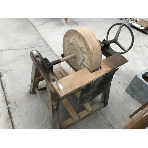 57 - A VINTAGE GRINDSTONE ON STAND WITH V BELT PULLEY