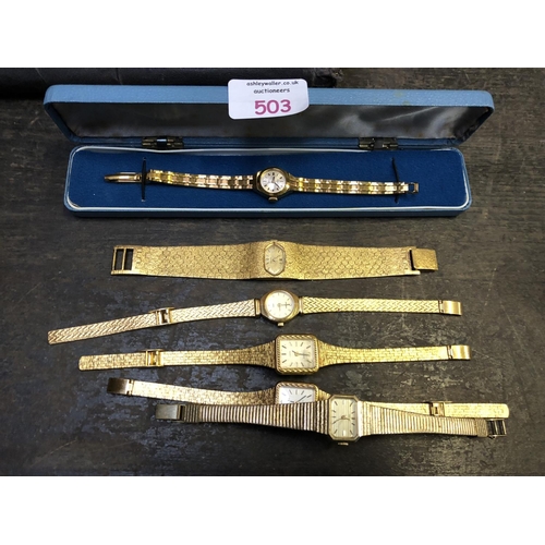 503 - SIX VARIOUS LADIES GOLD PLATED COCKTAIL WATCHES TO INCLUDE TIMEX, SEIKO ETC (6)