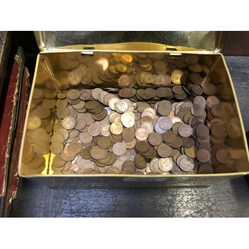 504 - A TIN CONTAINING A LARGE QUANTITY OF ASSORTED PRE AND POST DECIMAL BRONZE COINS