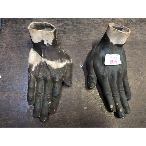 505 - A PAIR OF UNUSUAL CERAMIC MODELS OF HUMAN HANDS, (POSSIBLY CARN POTTERY)