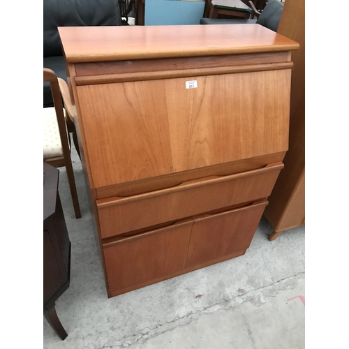 811 - A TEAK BUREAU WITH FALL FRONT, ONE DRAWER AND TWO DOORS