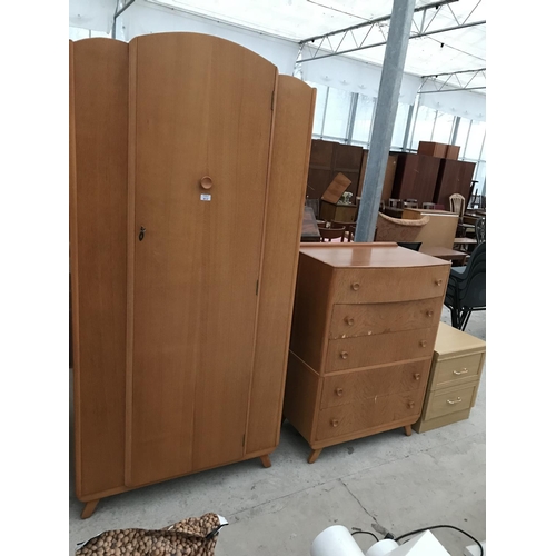 812 - THREE LIGHT OAK ITEMS - A MATCHING WARDROBE AND C HEAT PF FIVE DRAWERS AND A FURTHER BEDSIDE CHEST O... 