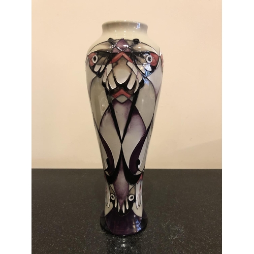 311 - A MOORCROFT POTTERY TRIAL VASE DECORATED IN THE 'EMPEROR MOTH' PATTERN DESIGNED BY VICKY LOVATT, SHA... 