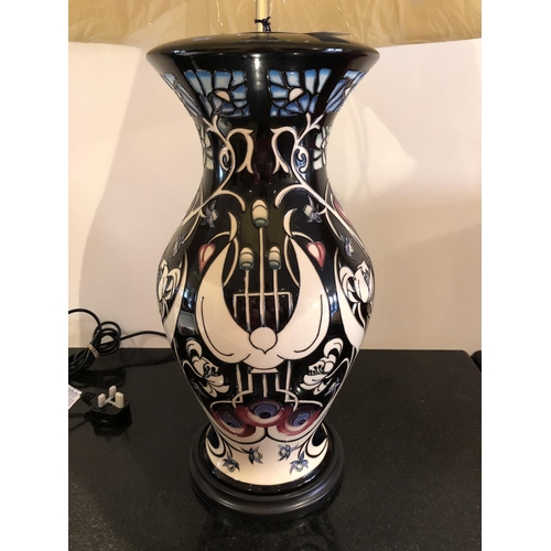 320 - A PRESTIGE MOORCROFT POTTERY LAMP BASE & SILK 'J45' SHADE DECORATED IN THE 'TALWIN' PATTERN DESIGNED... 