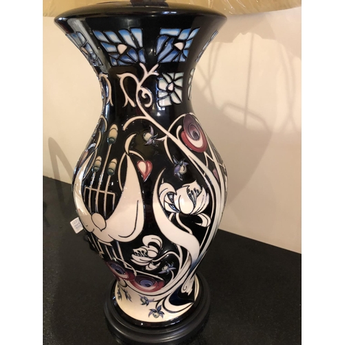 320 - A PRESTIGE MOORCROFT POTTERY LAMP BASE & SILK 'J45' SHADE DECORATED IN THE 'TALWIN' PATTERN DESIGNED... 