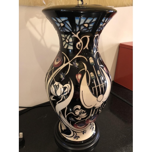 320 - A PRESTIGE MOORCROFT POTTERY LAMP BASE & SILK 'J45' SHADE DECORATED IN THE 'TALWIN' PATTERN DESIGNED... 