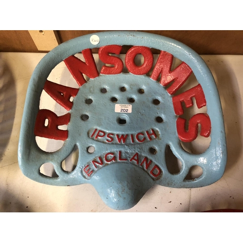 202 - A 'RANSOMES OF IPSWICH OF ENGLAND' BLUE AND RED PAINTED VINTAGE CAST METAL TRACTOR SEAT