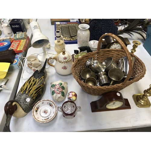 263 - A MIXED COLLECTION OF ITEMS TO INCLUDE BRASS CANDLESTICKS, WICKER BASKET CONTAINING SILVER PLATED AN... 