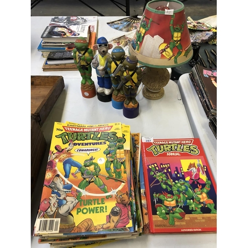 287 - A LARGE GROUP OF 'TEENAGE MUTANT HERO TURTLES', 1990'S COMICS, ANNUAL, FIGURES AND LAMP, ETC (QTY)