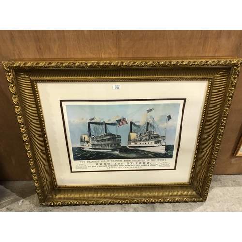 293 - A LARGE GILT FRAMED PICTURE OF STEAMER BOATS, 'PASSING ON THE HUDSON' (94 X 108CM)