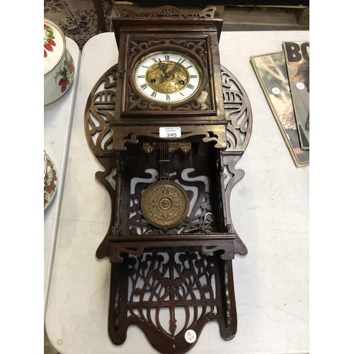 345 - A GOOD QUALITY FRETWORK CHIMING CLOCK WITH ENAMEL AND GILT DIAL, (PENDULUM AND KEY 70cm HEIGHT