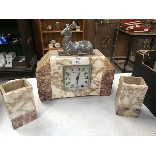 353 - AN ART DECO STYLE MARBLE MANTLE CLOCK WITH FIGURAL DEER MODEL AND CLOCK GARNITURES (3)