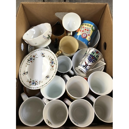 357 - A BOX OF ASSORTED CERAMICS AND GLASS TO INCLUDE VARIOUS MUGS, PLATES ETC (QTY)