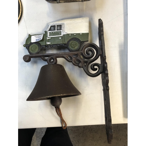 393 - A CAST METAL OUTDOOR BELL MODELED WITH A LANDROVER