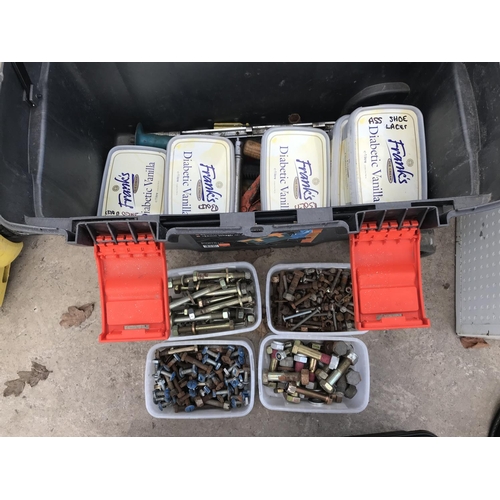 47 - A TOOL BOX CONTAINING VARIOUS SOCKETS AND TOOLS AND SEVEN BOXES OF VARIOUS NUTS AND BOLTS