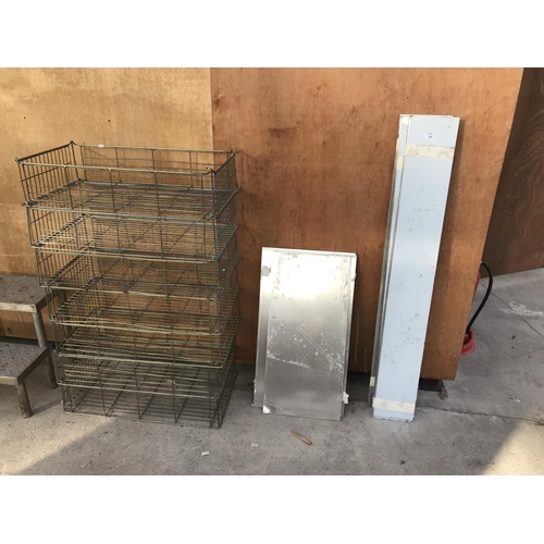 65 - VARIOUS METAL PLATES AND SEVEN WIRE CRATES