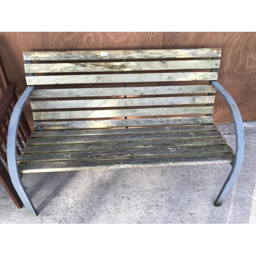 73 - TWO GARDEN BENCHES AND A FOLDING WOODEN PATIO CHAIR