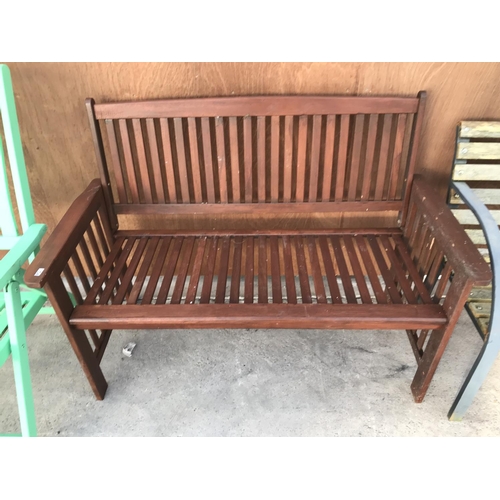 73 - TWO GARDEN BENCHES AND A FOLDING WOODEN PATIO CHAIR