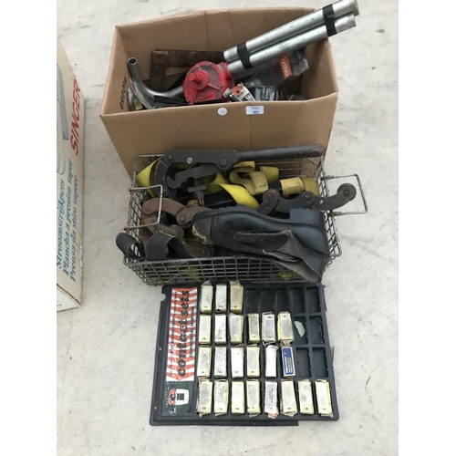 90 - THREE BOXES CONTAINING VARIOUS TOOLS - PIPE CUTTERS, BARREL PUMP, STRAPPING ETC