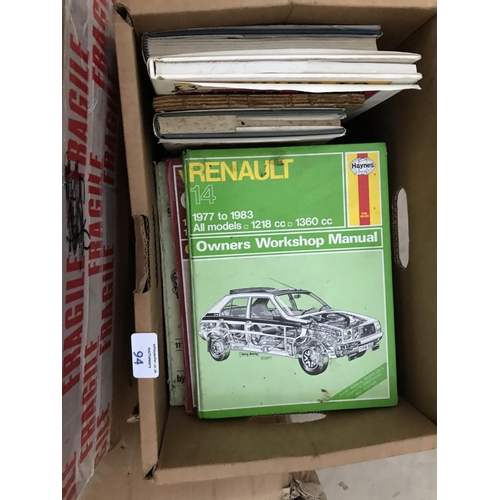 94 - THREE BOXES CONTAINING VARIOUS BOOKS - HAYNES MANUALS ETC