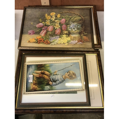 343 - A MIXED GROUP OF PICTURES AND PRINTS TO INCLUDE A STILL LIFE AND A BOY FISHING ETC (QTY)