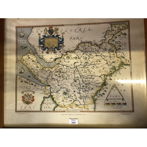 344 - A FRAMED 'SAXTONS MAP OF CHESHIRE, 1577, COLOUR PRINT 53CM X 64CM