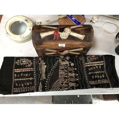 213 - A WOODEN DECORATIVE PIRATES JEWELLERY BOX TOGETHER WITH FURTHER TAPESTRY (2)