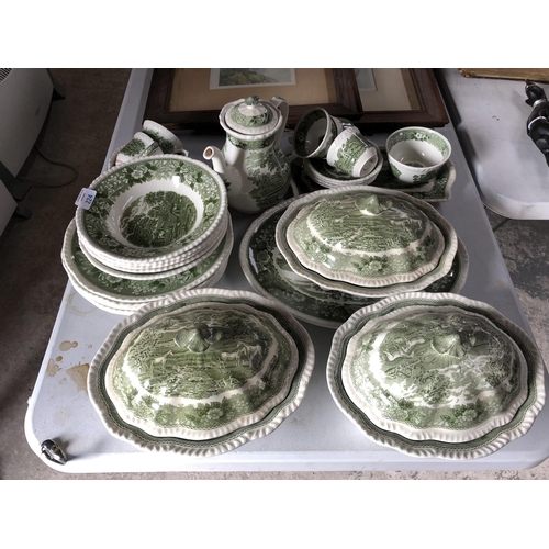 224 - A 26 PIECE 'ADAMS' GREEN IRONSTONE CHINA DINNER SERVICE COMPRISING LIDDED TUREENS, COFFEE POT, OVAL ... 