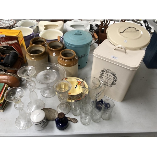 241 - A LARGE MIXED GROUP OF ITEMS TO INCLUDE 'MYOTT & SON' ART DECO DESSERT SET, ENAMEL BREAD BIN, STONE ... 