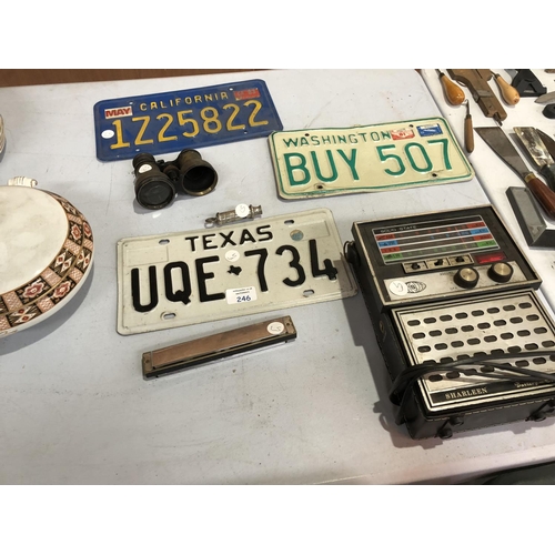 246 - A MIXED GROUP OF ITEMS TO INCLUDE THREE ENAMELED AMERICAN DRIVERS PLATES TO INCLUDE CALIFORNIA, TEXA... 