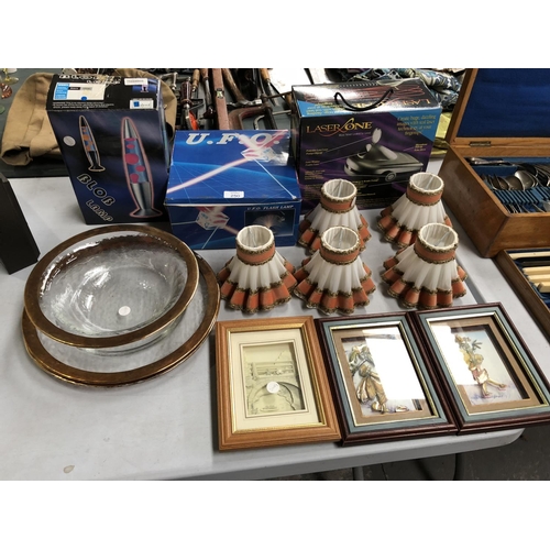 250 - A MIXED GROUP OF VARIOUS ITEMS TO INCLUDE LASER GLOBE LAMPS, FIVE VINTAGE SPANISH TABLE LIGHT SHADES... 