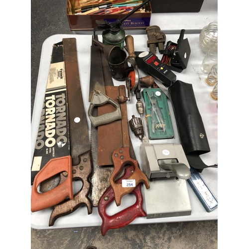 254 - A MIXED GROUP OF VARIOUS TOOLS TO INCLUDE 'TORNADO' CROSS CUT SAW, VINTAGE WOODEN HANDLED EXAMPLES, ... 