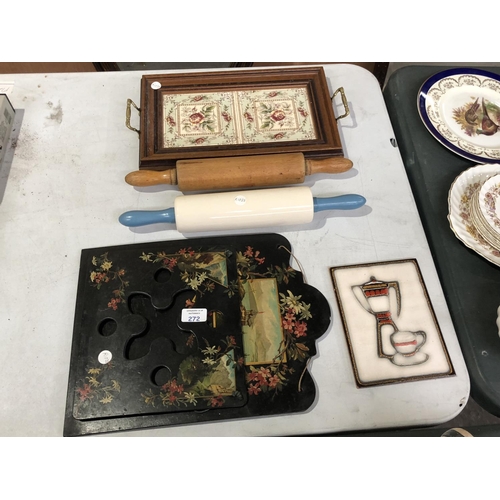 272 - A MIXED GROUP OF ITEMS TO INCLUDE A DECORATIVE OAK DRINKS TRAY WITH AESTHETIC TWO TILE DESIGN, LACQU... 