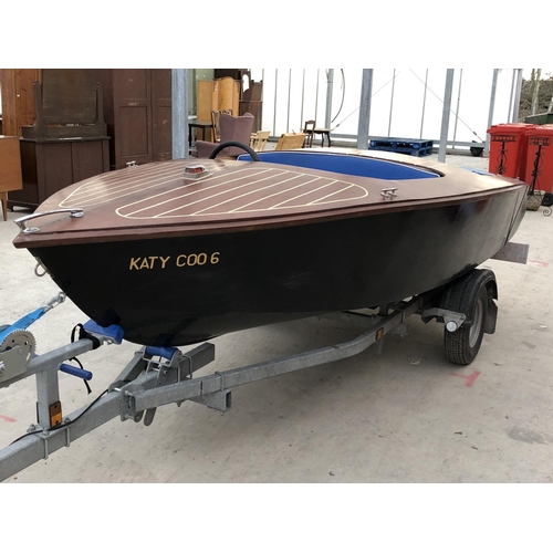 52 - A GOOD QUALITY 'RIVA' STYLE MARINE PLY SPEED / POWER BOAT - 12 FEET LONG AND AN AS NEW, SINGLE AXLE ... 